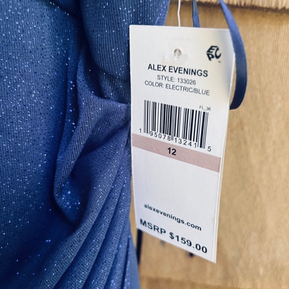 Alex Evening Sz12 Cold Shoulder Glitter Mesh Blue Dress Draped Skirt Cowl Neck - Picture 6 of 16